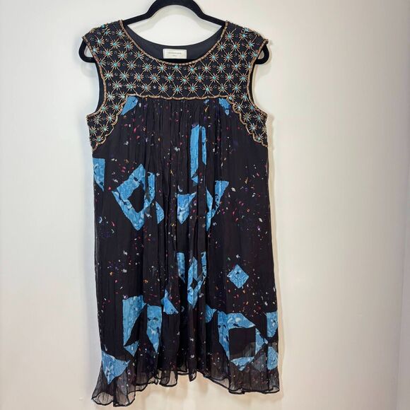 Anthropologie Moulinette Soeurs Lydia Black Beaded Floral Swing Dress 2P Boho - Picture 2 of 11